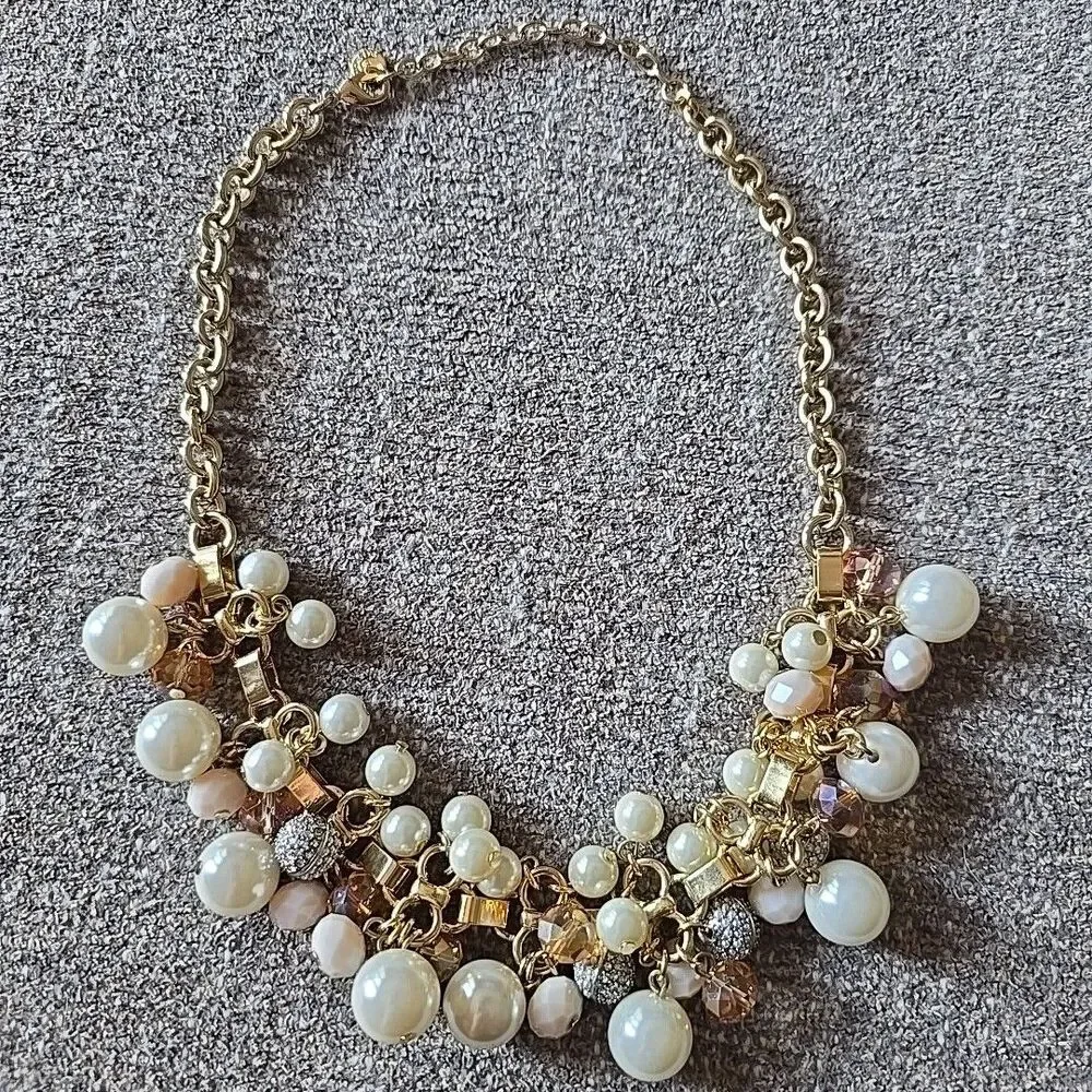 Vtg Signed Talbots Faux Pearl Crystal & Rhinestone Pink Cluster Necklace 22
